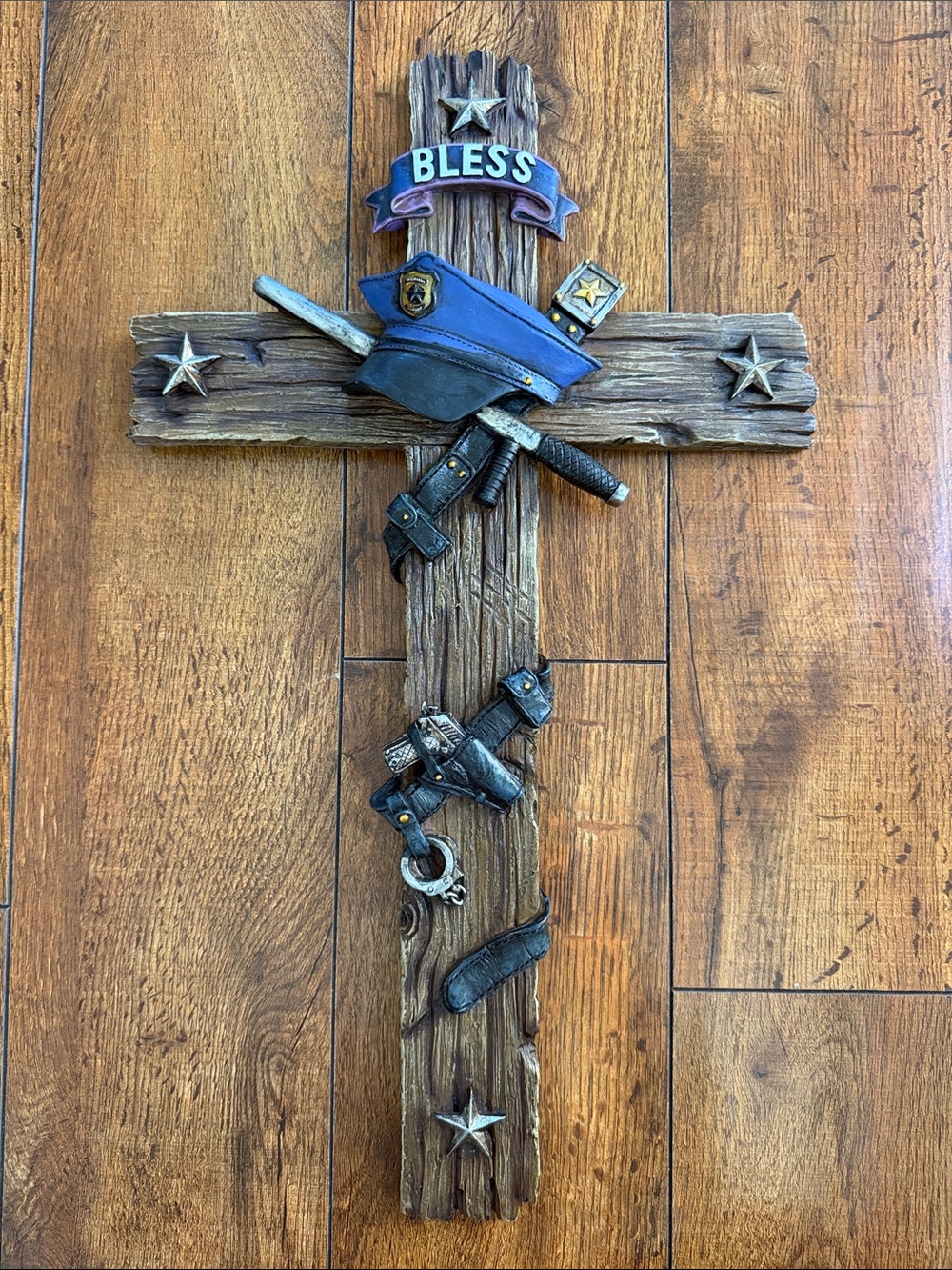 Blessed Police Tribute Wall Cross in Blue and Brown